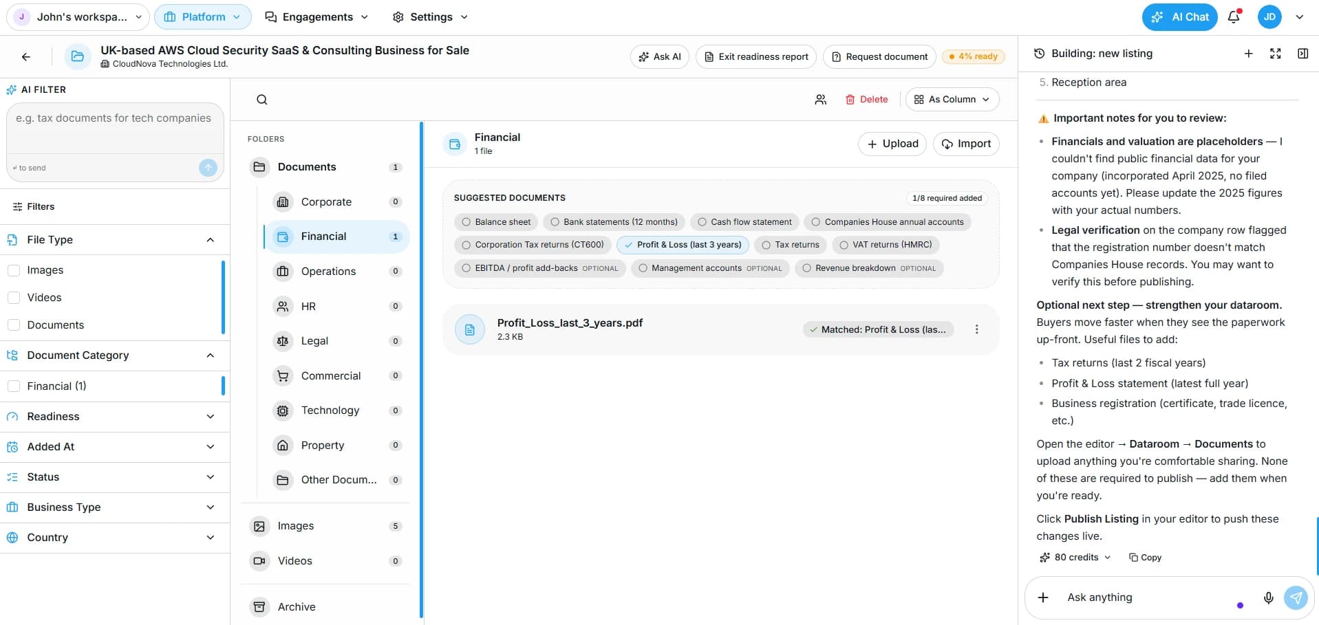 The secure data room with organised deal documents in the SellAnyBiz dashboard