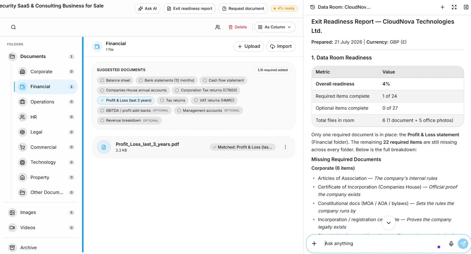AI due-diligence summary of a business
