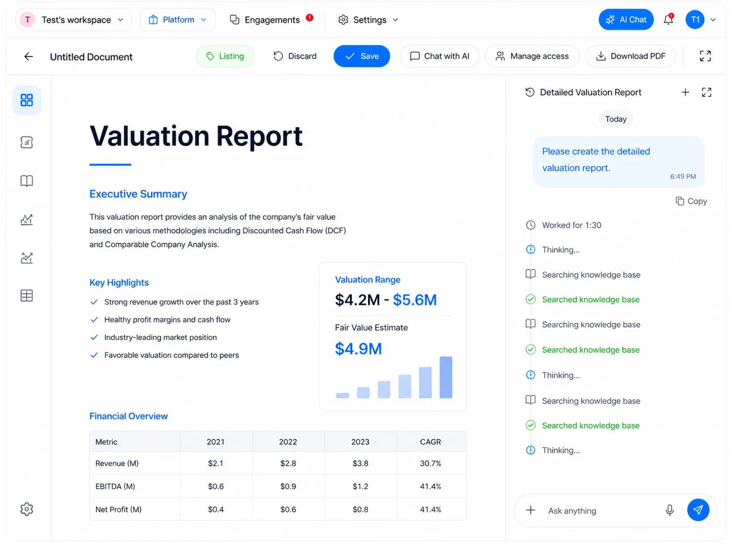 AI Builder drafting a valuation report in the SellAnyBiz dashboard