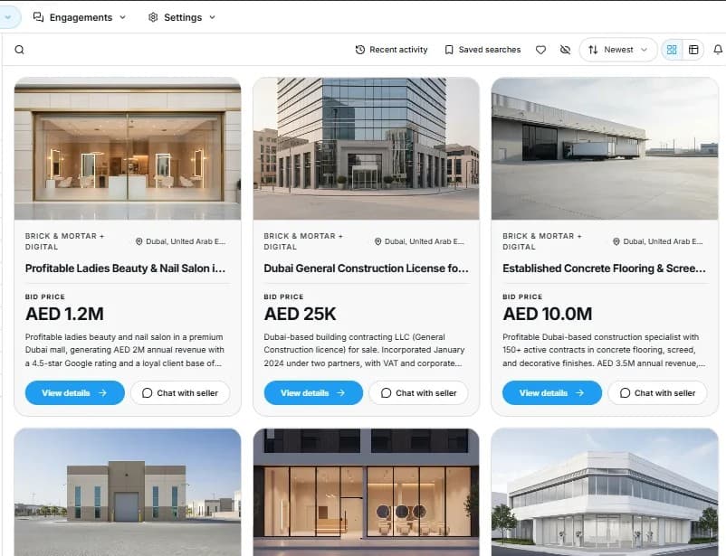 The SellAnyBiz marketplace showing verified business listings with prices and locations.