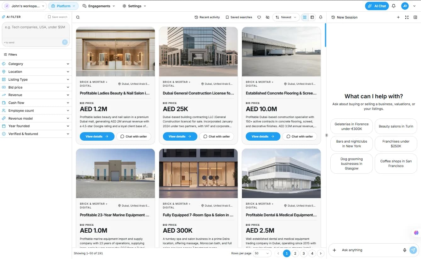 The SellAnyBiz marketplace of business listings in the dashboard