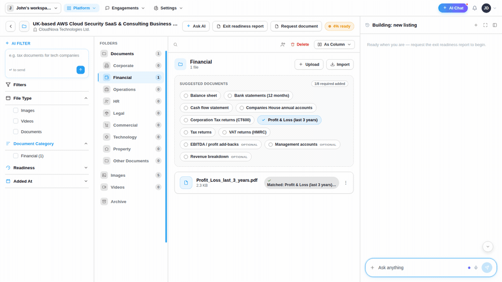 A SellAnyBiz data room: folders, documents, requests and who has access